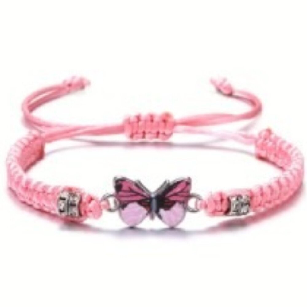 Pink Butterfly Braided Bracelet – Boho Style Rhinestone Embellishments